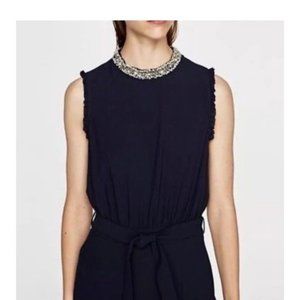 ZARA Jumpsuit with Pearly Neckline - Navy - MEDIUM